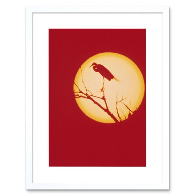 "Artery8 Wall Art Print Crane Silhouette Against Moon Art Black Framed 9x7 inch in White - Size: W7"" x H9""" - image 1