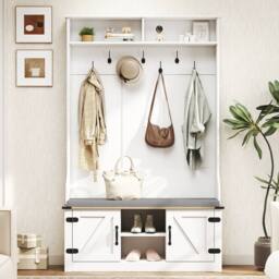 Costway 4-in-1 Hall Tree 174CM Tall Coat Rack w/ Bench Shoe Storage w/ 7 Hooks in White - thumbnail 8