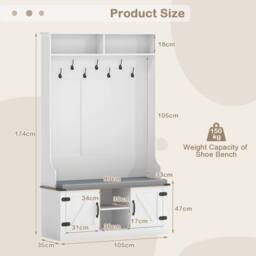 Costway 4-in-1 Hall Tree 174CM Tall Coat Rack w/ Bench Shoe Storage w/ 7 Hooks in White - thumbnail 2
