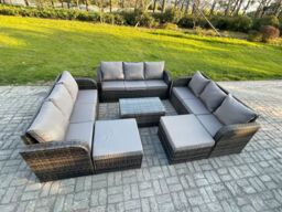 Fimous Wicker PE Rattan Garden Furniture Set 11 Seater Outdoor Lounge Sofa Set with Coffee Table 2 Big Footstool Dark Grey Mixed - thumbnail 2