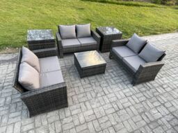 Fimous 6 PCS Outdoor Lounge Sofa Set Wicker PE Rattan Garden Furniture Set with Square Coffee Table Double Seat Sofa 2 Side Tables in Dark Grey - thumbnail 1