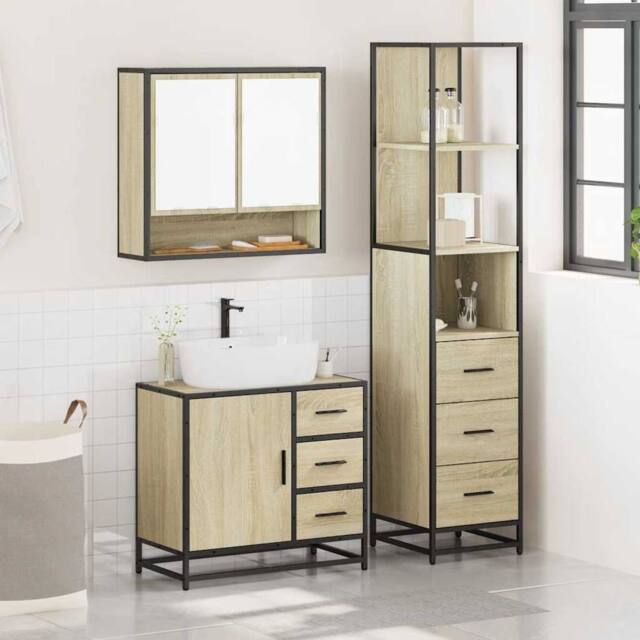 Berkfield Home Durable 3 Piece Bathroom Furniture Set Sonoma Oak Engineered Wood in Brown - image 1