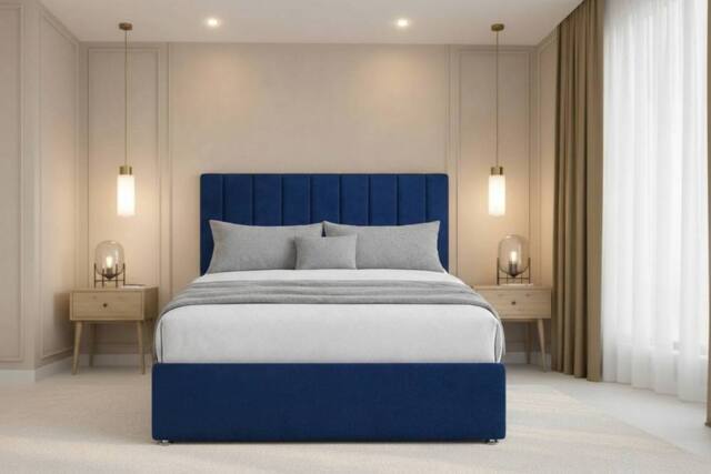 "Chester & Oakley Lunar Plush Divan Bed Base No Drawers - 26"" Headboard in Navy - Size: Single" - image 1