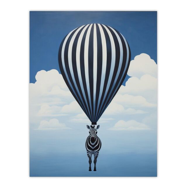 "Wee Blue Coo Wall Art Print Surreal & Stripes Zebra Balloon Adventures Over the Clouds Blue Black White Oil Painting Poster - Size: W18"" x H24""" - image 1