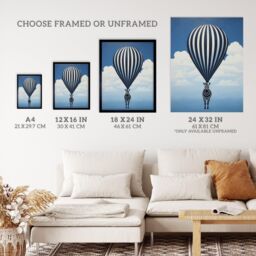 "Wee Blue Coo Wall Art Print Surreal & Stripes Zebra Balloon Adventures Over the Clouds Blue Black White Oil Painting Poster - Size: W18"" x H24""" - thumbnail 3