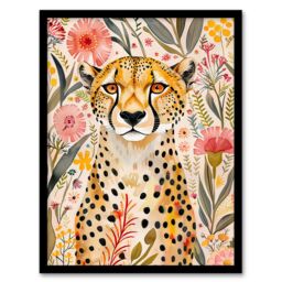 Artery8 Cheetah in Exotic Flower Garden Watercolour Framed Wall Art - Size: A4 - thumbnail 1