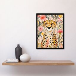 Artery8 Cheetah in Exotic Flower Garden Watercolour Framed Wall Art - Size: A4 - thumbnail 4
