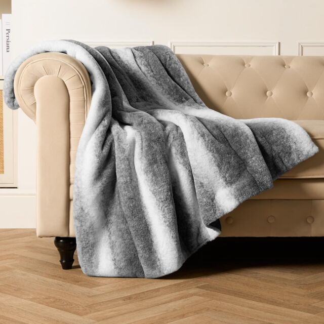 OHS Stripe Throw Over Blanket Faux Fur Soft Fleece in Light Grey - Size: 125 cm x 150 cm - image 1