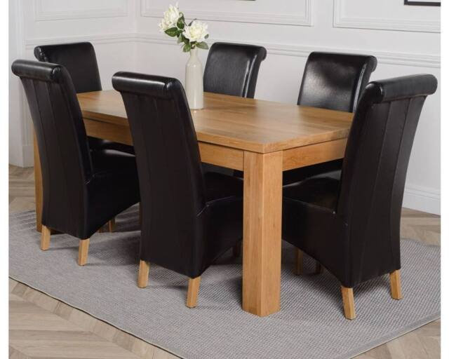 Thats Furniture Dakot 182 x 92cm Oak Large Dining Table & 6 Montana Leather Chairs in Black - Size: 182 x 92 cm - image 1