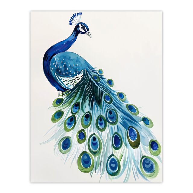 "Artery8 Blue Peafowl Peacock Tail Feathers Watercolour Wall Art Print - Size: W12"" x H16""" - image 1