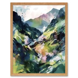 "Artery8 Wall Art Print Spring Mountain Slope Landscape Modern Linocut Art Framed in Light Oak - Size: W12"" x H16""" - thumbnail 1