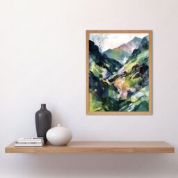 "Artery8 Wall Art Print Spring Mountain Slope Landscape Modern Linocut Art Framed in Light Oak - Size: W12"" x H16""" - thumbnail 2