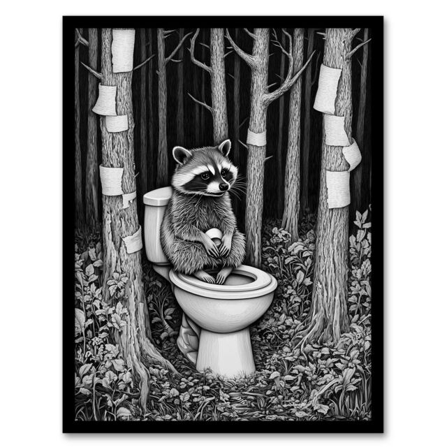 "Artery8 Raccoon on Toilet in Forest Black White Surreal Framed Art Print in Grey - Size: W12"" x H16""" - image 1