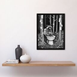"Artery8 Raccoon on Toilet in Forest Black White Surreal Framed Art Print in Grey - Size: W12"" x H16""" - thumbnail 4
