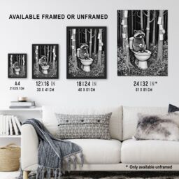 "Artery8 Raccoon on Toilet in Forest Black White Surreal Framed Art Print in Grey - Size: W12"" x H16""" - thumbnail 3