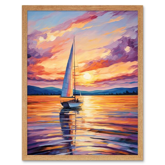 "Artery8 Wall Art Print Sunset Sailing Vibrant Oil Painting Orange Purple Blue Bathroom Artwork Sail Boat Seascape Art Framed - Size: W12"" x H16""" - image 1