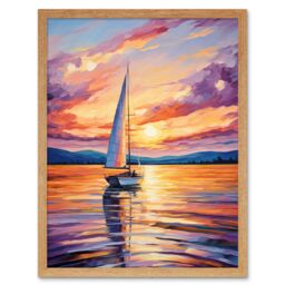 "Artery8 Wall Art Print Sunset Sailing Vibrant Oil Painting Orange Purple Blue Bathroom Artwork Sail Boat Seascape Art Framed - Size: W12"" x H16""" - thumbnail 1