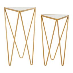 Orsina Set of 2 Gold Triangle Side Tables With Mirrored Tops, Gold Nesting Tables, Glass End Tables, Bedside Tables - thumbnail 1