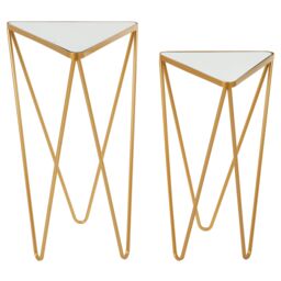 Orsina Set of 2 Gold Triangle Side Tables With Mirrored Tops, Gold Nesting Tables, Glass End Tables, Bedside Tables - thumbnail 2