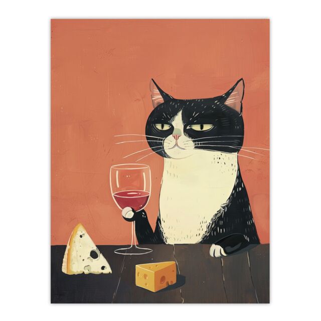 "Artery8 Wall Art Print Tuxedo Cat Drinking Wine with Cheese Painting Poster in Orange - Size: W18"" x H24""" - image 1