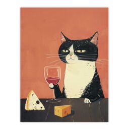 "Artery8 Wall Art Print Tuxedo Cat Drinking Wine with Cheese Painting Poster in Orange - Size: W18"" x H24""" - thumbnail 1