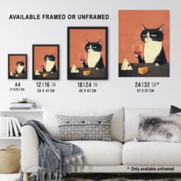 "Artery8 Wall Art Print Tuxedo Cat Drinking Wine with Cheese Painting Poster in Orange - Size: W18"" x H24""" - thumbnail 3