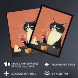 "Artery8 Wall Art Print Tuxedo Cat Drinking Wine with Cheese Painting Poster in Orange - Size: W18"" x H24""" - thumbnail 2