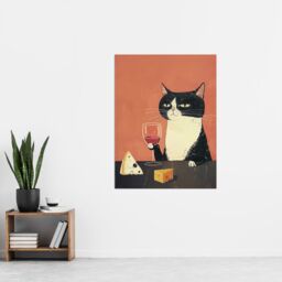 "Artery8 Wall Art Print Tuxedo Cat Drinking Wine with Cheese Painting Poster in Orange - Size: W18"" x H24""" - thumbnail 4