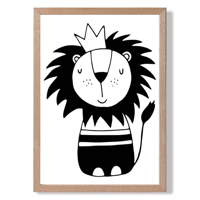 ARTZE Cute Black Lion Scandi Animal Framed Print SIZE: A3 with Oak Frame - Size: A4 - image 1