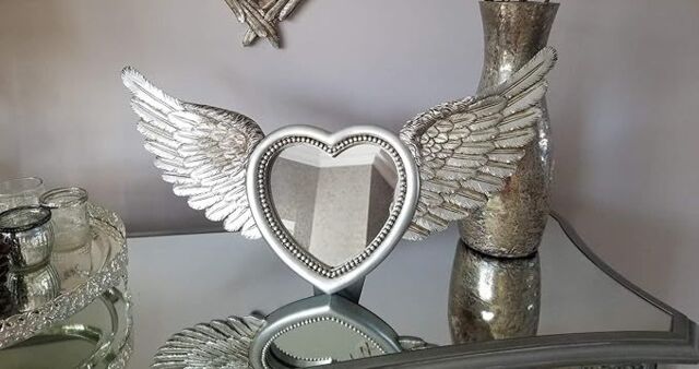 Marco Paul Heart with Angel Wing Decorative Mirror Bathroom Mirror Decor in Silver - image 1