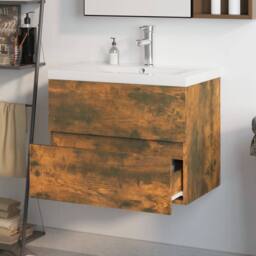 Berkfield Home Sink Cabinet with Built-in Basin Smoked Oak Engineered Wood in Brown - thumbnail 4