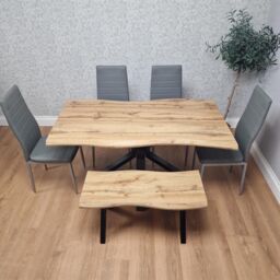 KOSY KOALA Wooden Dining Table X-Shaped Legs with 4 Grey Leather Chairs & Bench - Dining Kitchen Room Furniture in Brown - thumbnail 9