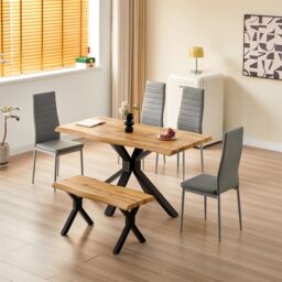 KOSY KOALA Wooden Dining Table X-Shaped Legs with 4 Grey Leather Chairs & Bench - Dining Kitchen Room Furniture in Brown