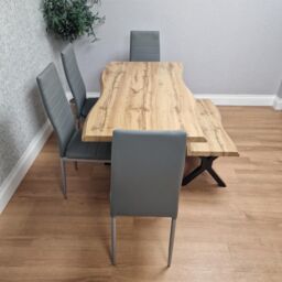 KOSY KOALA Wooden Dining Table X-Shaped Legs with 4 Grey Leather Chairs & Bench - Dining Kitchen Room Furniture in Brown - thumbnail 6