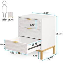 VOGREX White Nightstand, Tall Bedside Table with 3 Drawers for Bedroom - thumbnail 2
