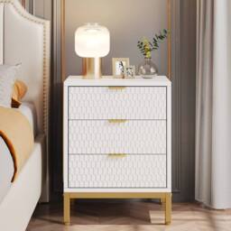 VOGREX White Nightstand, Tall Bedside Table with 3 Drawers for Bedroom