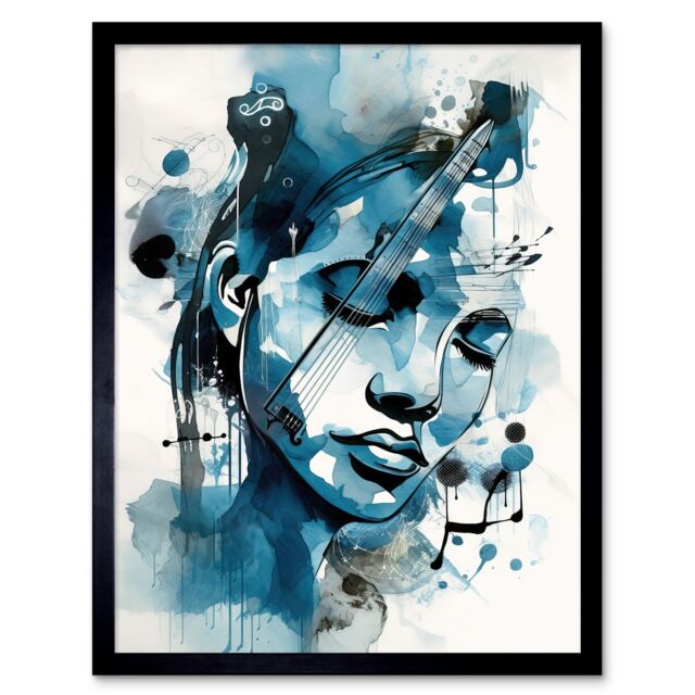 "Artery8 Wall Art Print Melody Muse a Musician's Vision in Midnight Blue Modern Watercolour Painting Art Framed in Black - Size: W12"" x H16""" - image 1