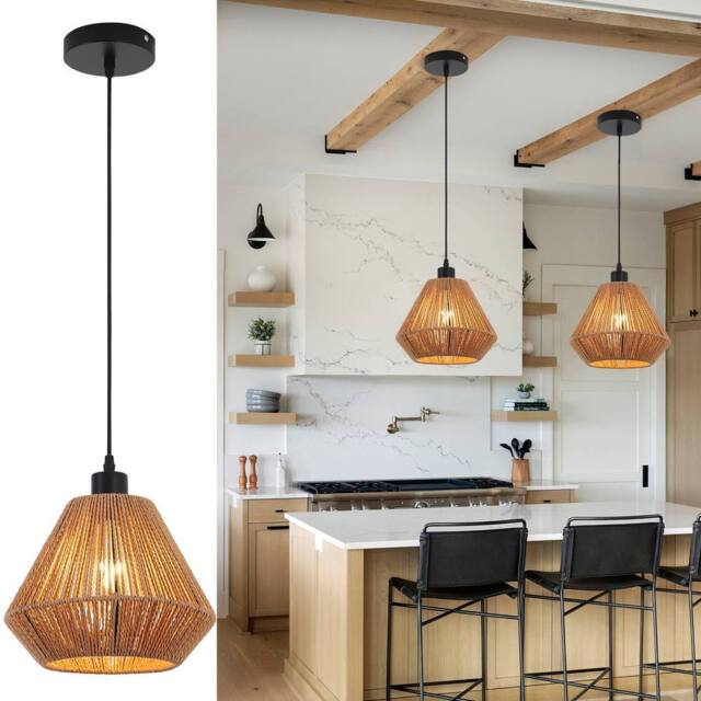 NIVOR 1 Lamp Farmhouse Boho Rattan Pendant Light Adjustable Chandelier E27 in Brown - image 1