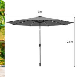 Gymax 3m Solar Powered LED Lighted Patio Umbrella Tilting Market Umbrella in Grey - thumbnail 3