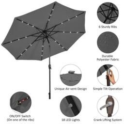 Gymax 3m Solar Powered LED Lighted Patio Umbrella Tilting Market Umbrella in Grey - thumbnail 6
