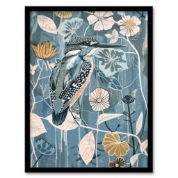 "Artery8 Blue Kingfisher Bird Floral Branch Flower Pattern Framed Art Print - Size: W12"" x H16""" - thumbnail 1
