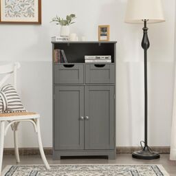 Costway Bathroom Floor Cabinet Wooden Storage Cupboard w/ Adjustable Shelf in Grey - thumbnail 6