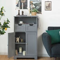 Costway Bathroom Floor Cabinet Wooden Storage Cupboard w/ Adjustable Shelf in Grey - thumbnail 5