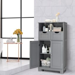 Costway Bathroom Floor Cabinet Wooden Storage Cupboard w/ Adjustable Shelf in Grey - thumbnail 4