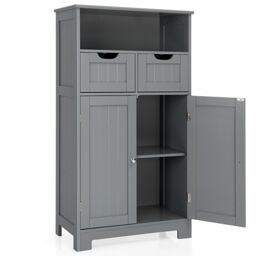 Costway Bathroom Floor Cabinet Wooden Storage Cupboard w/ Adjustable Shelf in Grey