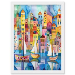Artery8 Modern Marina Colourful Cityscape Pattern Folk Art Watercolour Painting Artwork Framed Wall Art Print A4 in White - thumbnail 1