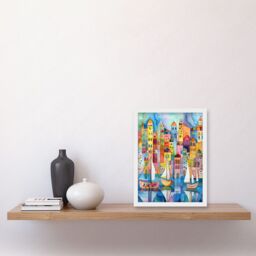 Artery8 Modern Marina Colourful Cityscape Pattern Folk Art Watercolour Painting Artwork Framed Wall Art Print A4 in White - thumbnail 2