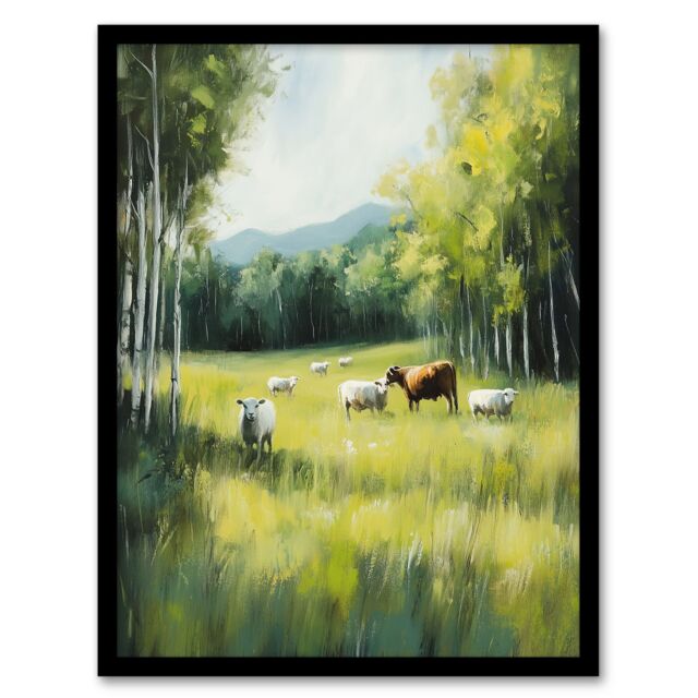 Artery8 Sheep Cows Grazing Countryside Field Painting Framed Art Print in Green - Size: A4 - image 1