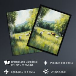 Artery8 Sheep Cows Grazing Countryside Field Painting Framed Art Print in Green - Size: A4 - thumbnail 2