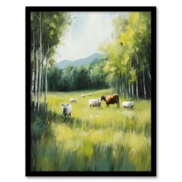 Artery8 Sheep Cows Grazing Countryside Field Painting Framed Art Print in Green - Size: A4 - thumbnail 1